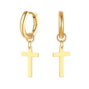 Polished gold cross pendant hoop earrings for men and women in a minimalist punk style