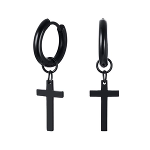 Pair of black stainless steel hoop earrings with cross pendants for men and women