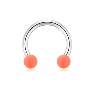 Surgical steel horseshoe septum ring with vibrant orange acrylic balls on white background