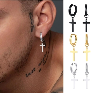 Cross dangle huggie hoop earrings in black, gold, and silver stainless steel set
