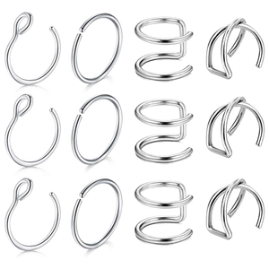 12pcs silver nose rings set featuring four minimalist hoop designs in polished steel
