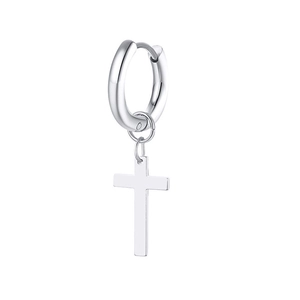 Detailed view of a polished silver cross charm earring with sleek metallic finish