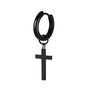 Detail view of matte black cross hoop earring with minimalist punk style aesthetics