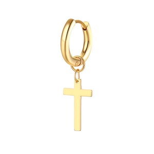 Detailed view of a polished gold cross pendant earring with a minimalist hoop design