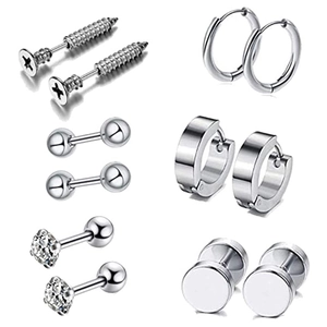 Set of 6 pairs of stainless steel stud earrings including CZ, hoops and barbell styles