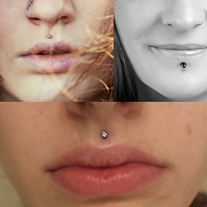 Silver stainless steel body piercing set for nose, lip, and philtrum shown on models