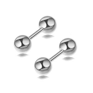 Polished stainless steel barbell studs with smooth round balls on white background