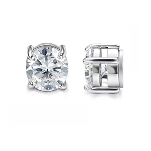 Classic silver magnetic zircon stud earrings with round cut stones for non-pierced ears
