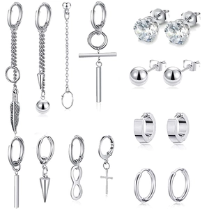 Stainless Steel Punk Cross Feather Tassel Chain Huggie Earrings For Men Women Unisex Hip Hop Streetwear Jewelry Stud Earring Silver Toned Minimalist Accessory