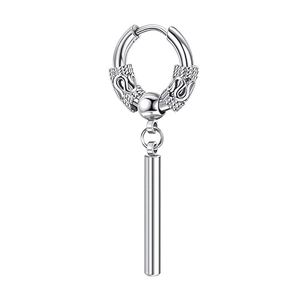Boucles d'oreilles créoles pour hommes en acier argenté avec texture totem et pendentif
