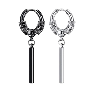 Boucles d'Oreilles Huggie Punk pour Hommes Motif Dragon avec Pendentif Cylindrique Créoles en Relief en Métal Noir Argent pour Fête