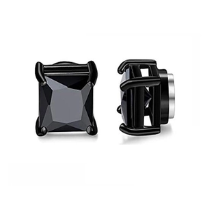 Black square zircon magnetic stud earrings for men with four-prong setting and non-pierced design