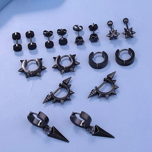 Schwarzes Edelstahl-Ohrring-Set für Damen und Herren mit Punk-Steckern und Creolen