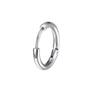 Close-up of a silver-toned minimalist hoop earring with a polished metallic finish