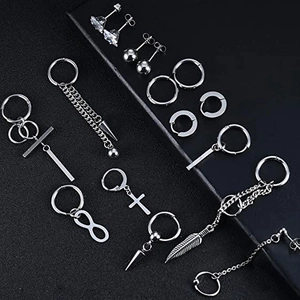 Silver stainless steel stud and chain earring set with cross and feather pendants