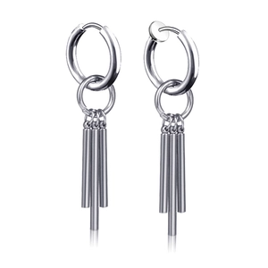 Boucles d'Oreilles Créoles Minimalistes en Acier Inoxydable Gland Chaîne pour Hommes Argent Géométrique Trois Barres Cylindriques Bijoux Punk