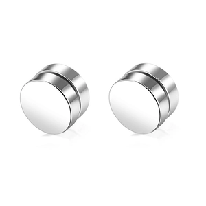 Polished silver magnetic stud earrings in cylindrical shape for non-pierced ears