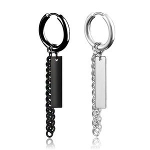 Men's Stainless Steel Punk Tassel Chain Hoop Earrings Minimalist Rectangle Tag Huggies Street Hip Hop Unisex Jewelry