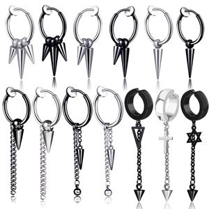 Boucles d'Oreilles à Clip Punk en Métal Non Percé Homme Femme Gothique Chaîne Acier Inox Croix Hexagramme Bijoux