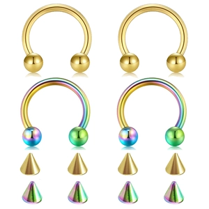 Detailed set of 4 horseshoe nose rings with round balls and cone spikes in gold and rainbow