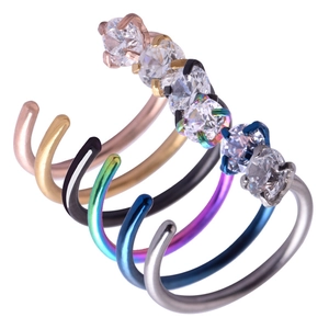 Set of six C-shaped stainless steel nose rings with cubic zirconia in various colors