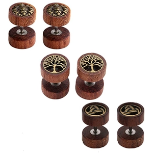 Vintage Wood Ear Plugs Retro Copper Alloy Inlaid Lion Alien Skull Patterns Tribal Ethnic Ear Studs Piercing Jewelry For Men