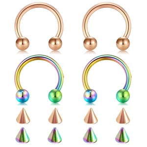 Set of horseshoe circular barbells in rose gold and rainbow colors with replacement cones