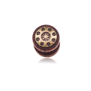 Retro round wood earring with gold starburst metal inlay and ethnic tribal design