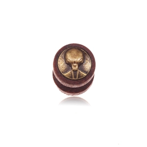Vintage wooden ear plug with bronze alien relief, antique style body piercing jewelry