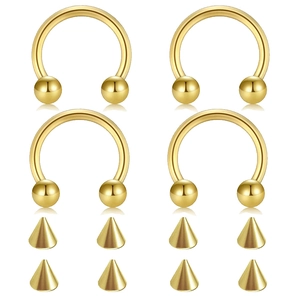 Set of 4 gold stainless steel horseshoe nose rings with 8 ball and 8 cone spike replacement ends