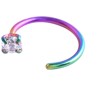 Detailed view of rainbow gradient stainless steel nose ring with round cz stone setting