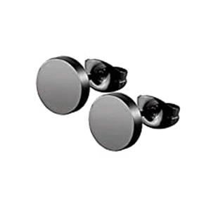 Pair of black round disk stud earrings in matte stainless steel for men's fashion