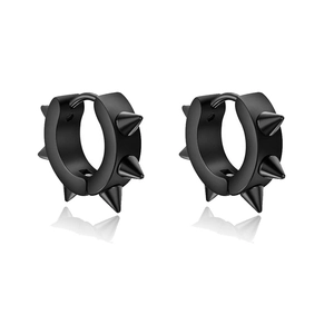 Punk black rivet hoop earrings set with five metal studs and a matte finish on white background