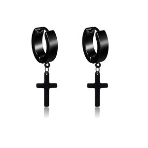 Detail view of black stainless steel hoop earrings with cross pendants for unisex style