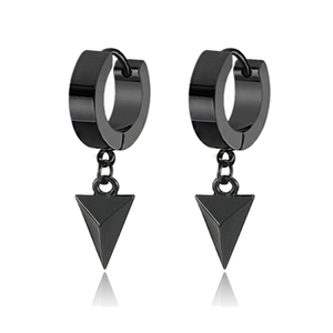 Detail view of matte black stainless steel huggie earrings with hanging triangle pendant