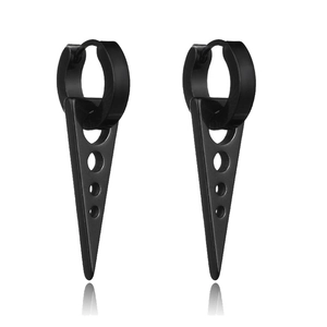 Detail of black punk hoop earrings with hanging triple-hole hollow triangular pendants