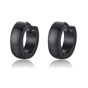 Close-up of matte black stainless steel huggie earrings with a sleek hinged buckle