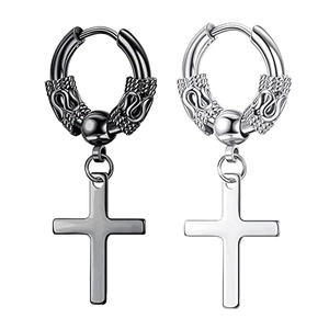 Men's Retro Dragon Totem Cross Pendant Huggie Hoop Earrings Stainless Steel Punk Hip Hop Jewelry Gift Black Silver