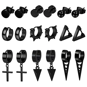 9 Pairs Black Metal Earring Set Punk Gothic Cross Triangle Barbell Round Disc Hoop Stud Earrings For Men Women Unisex Jewelry