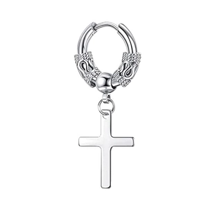 Silver stainless steel huggie hoop earrings with cross pendant for men and women