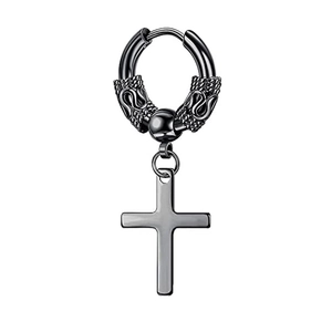 Men's matte black stainless steel huggie earring with cross pendant and dragon pattern