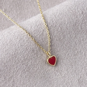 French vintage gold necklace with vibrant red enamel heart pendant and zircon accents