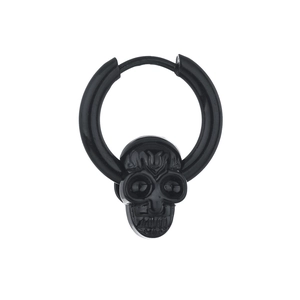 Gothic style black stainless steel hoop earrings with detailed skull pendant for men and women