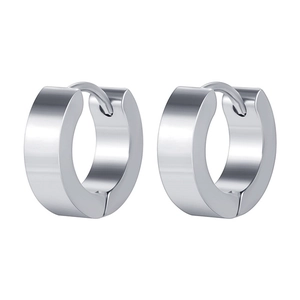 Macro shot of silver wide-band hoop earrings with polished surface and snap closure