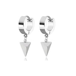 Detailed view of silver hoop earrings with triangular cone pendants on white background