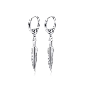 Detailed close-up of silver feather charms on hoop earrings with realistic metallic texture
