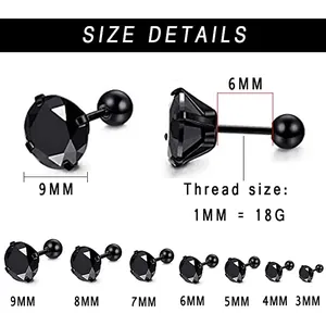 Black cubic zirconia stud earrings with stainless steel screw backs in various sizes