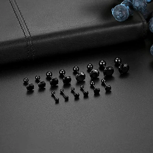 Set of black stainless steel stud earrings with round cubic zirconia and screw ball backs