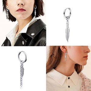 Silver drop earrings set with feather pendants and long chain tassels for women and men