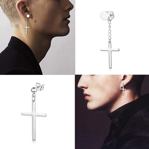 9 pairs of silver steel leaf cross earrings with long tassels in a four-grid display